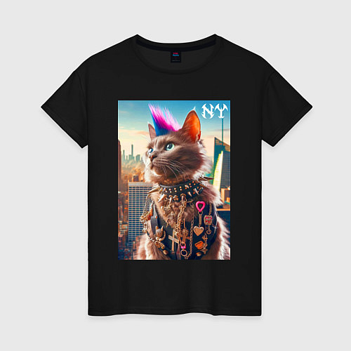 Женская футболка Funny cat punk from New York - ai art / Черный – фото 1