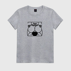 Футболка хлопковая женская Девушка с надписью на спине your burger сидит на л, цвет: меланж