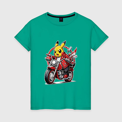 Женская футболка Пикачу мчится на мотоцикле / Зеленый – фото 1
