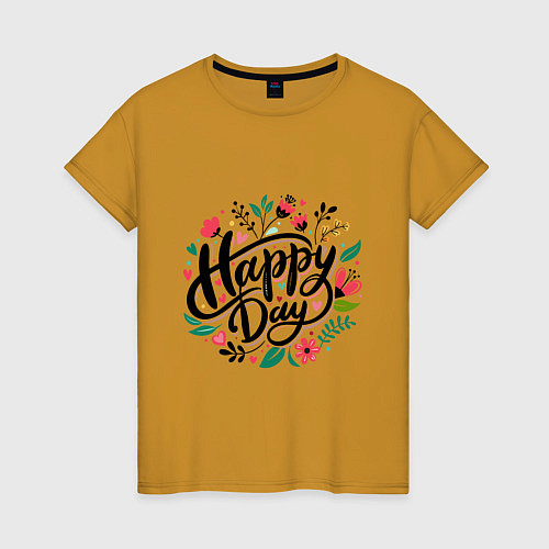 Женская футболка Happy day с цветами / Горчичный – фото 1