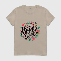 Футболка хлопковая женская Happy day с цветами, цвет: миндальный