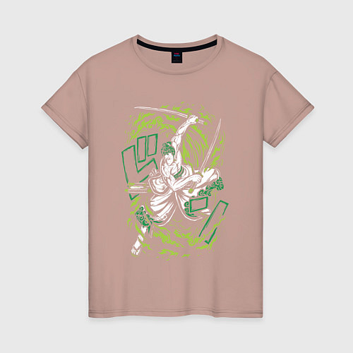 Женская футболка One piece зоро зеленый вихрь / Пыльно-розовый – фото 1