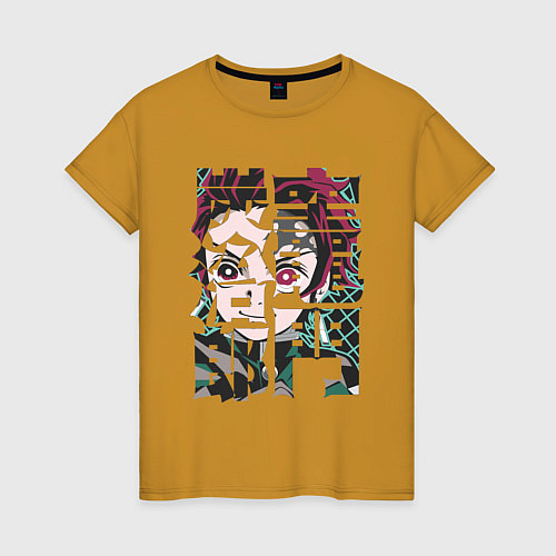 Женская футболка Тандзиро иероглифы Клинок рассекающий демонов / Горчичный – фото 1