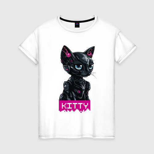 Женская футболка Киберкошка чёрная - cyber kitty black / Белый – фото 1