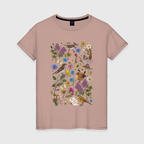 Женская футболка Птицы, бабочки, цветы / Пыльно-розовый – фото 1