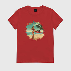 Женская футболка Девушка с яхтой на пляже