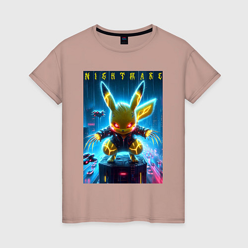 Женская футболка Cyber Pikachu - neon glow ai art / Пыльно-розовый – фото 1