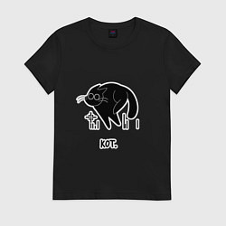 Футболка хлопковая женская Бегущий кот, цвет: черный