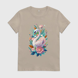 Женская футболка Белый лебедь среди цветов