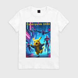 Футболка хлопковая женская Cyberpunk 3088 - Pikachu pursuit - neon glow, цвет: белый