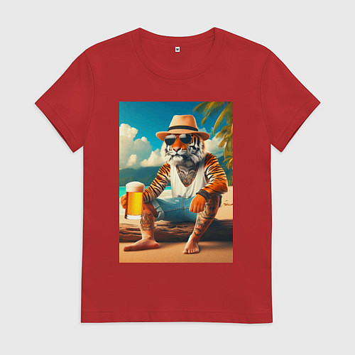 Женская футболка Чувак тигр с кружкой пива на пляже / Красный – фото 1