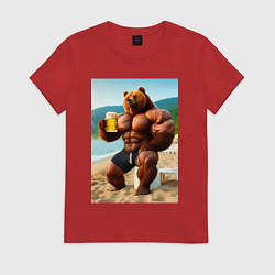 Женская футболка Медведь бодибилдер с кружкой пива на пляже - нейро