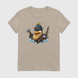 Футболка хлопковая женская Утка воин викинг, цвет: миндальный