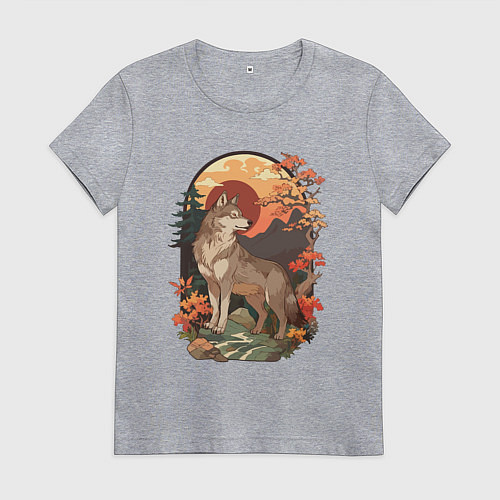 Женская футболка Волк в лесу в японском стиле / Меланж – фото 1