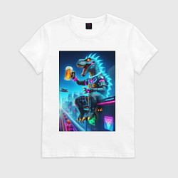 Женская футболка Чувак Дино сидит на крыше небоскрёба с кружкой пив