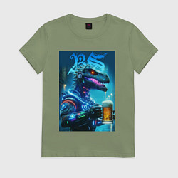 Футболка хлопковая женская Cyber beersaur with a mug of beer, цвет: авокадо