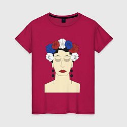 Футболка хлопковая женская Женский портрет: девушка в венке триколор, цвет: маджента