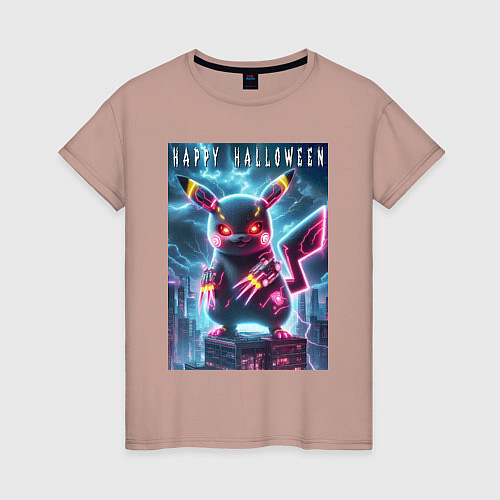 Женская футболка Pikachu with a cyber claws - halloween / Пыльно-розовый – фото 1