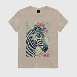 Футболка хлопковая женская Зебра с цветком, цвет: миндальный