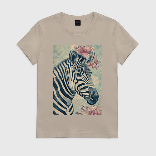 Женская футболка Зебра с цветком / Миндальный – фото 1