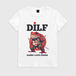 Футболка хлопковая женская DILF damn I love frogs, цвет: белый