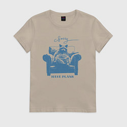 Футболка хлопковая женская Енот на диване имеет планы, цвет: миндальный