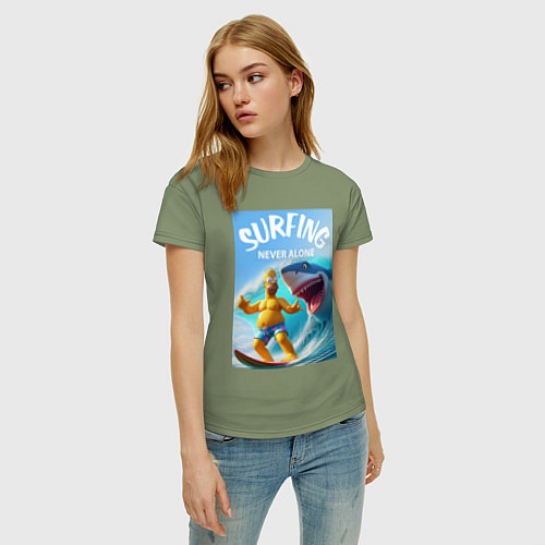 Женская футболка Homer Simpson and shark - surfing never alone / Авокадо – фото 3