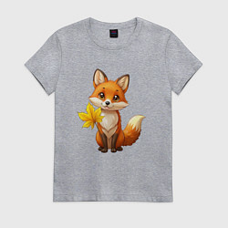 Женская футболка Рыжая лисица с осенним листочком