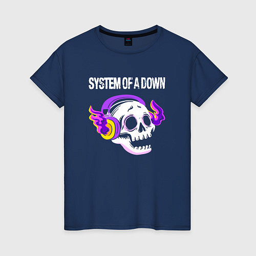 Женская футболка System of a Down - неоновый череп / Тёмно-синий – фото 1