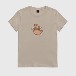 Футболка хлопковая женская Милая капибара с цветами, цвет: миндальный