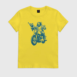 Женская футболка Енот с байкером на мотоцикле