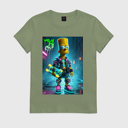 Футболка хлопковая женская Барт Симпсон со скейтбордом под проливным дождём -, цвет: авокадо