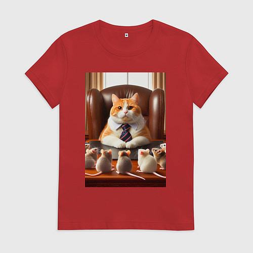 Женская футболка Рыжий кот босс - нейроарт / Красный – фото 1