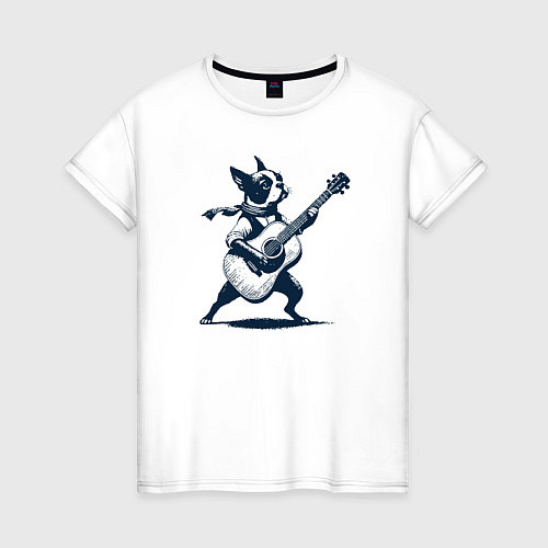 Женская футболка Бостон-терьер играет на гитаре / Белый – фото 1