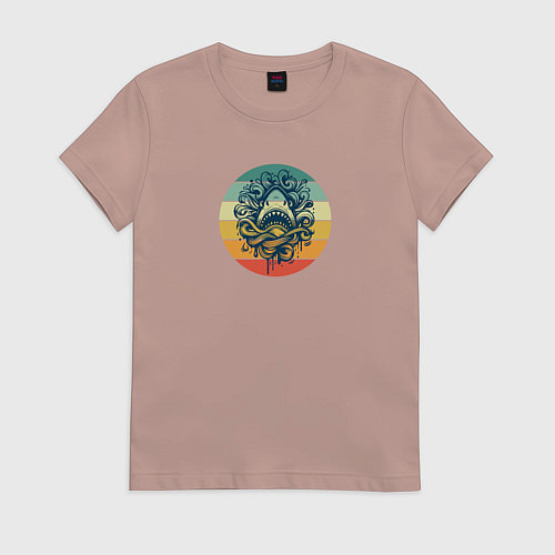 Женская футболка Акула в волнах на фоне полосок / Пыльно-розовый – фото 1