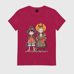 Футболка хлопковая женская Luffy и Zoro в хэлуинском костюме, цвет: маджента