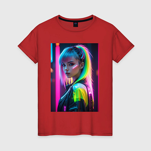 Женская футболка Киберпанк девушка с зеленым хвостом / Красный – фото 1