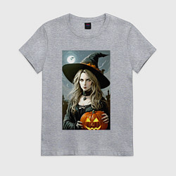Женская футболка Ведьма держит тыкву - хэллоуин