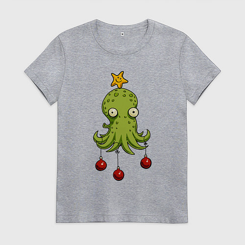 Женская футболка Новогодний осьминог-елка / Меланж – фото 1