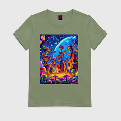 Футболка хлопковая женская Концерт ансамбля скелетов под луной, цвет: авокадо
