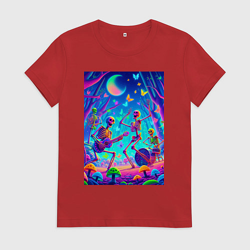 Женская футболка Рок-группа скелетов даёт концерт в неоновом лесу / Красный – фото 1