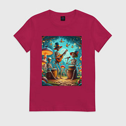 Женская футболка Трио скелетов музицируют на грибной поляне