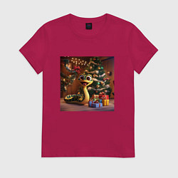 Футболка хлопковая женская Веселая Новогодня змейка с подарками, цвет: маджента