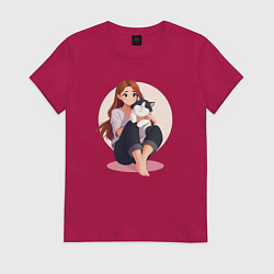 Женская футболка Сидящая девушка с кошкой на ногах
