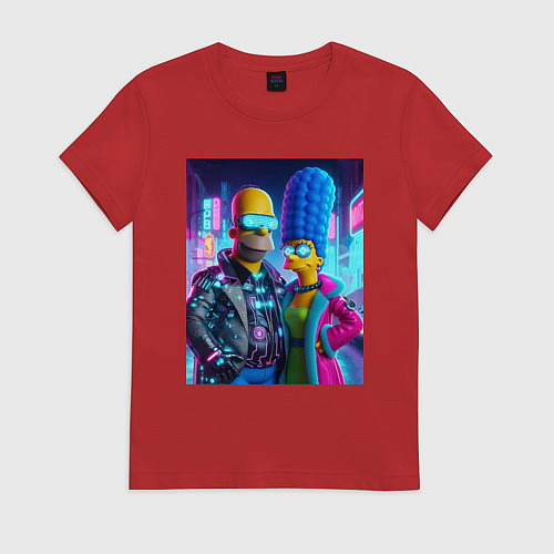Женская футболка Гомер и Мардж Симпсоны - киберпанк / Красный – фото 1