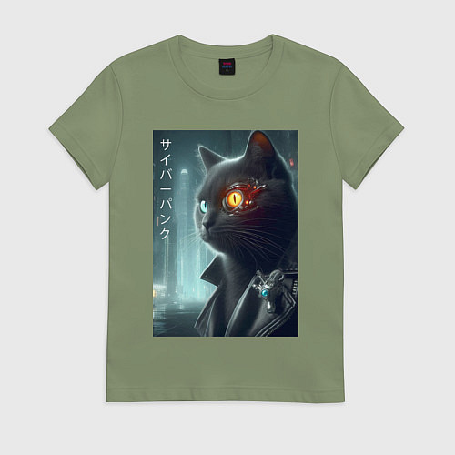 Женская футболка Black cat - cyberpunk / Авокадо – фото 1