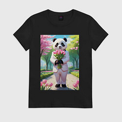 Женская футболка Панда с букетом тюльпанов