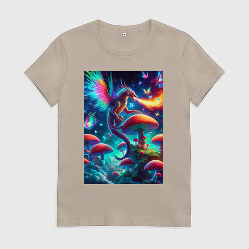 Женская футболка Сказочный дракон на планете неоновых грибов / Миндальный – фото 1