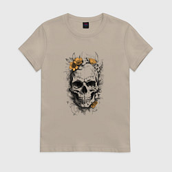 Футболка хлопковая женская Череп с желтыми цветами, цвет: миндальный