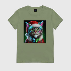 Женская футболка Новогодний кибер котик - нейроарт